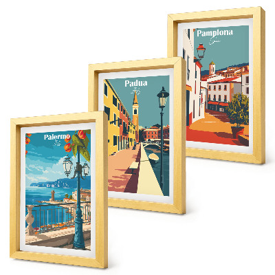 Triptych v ráme Populárne mestá v retro ilustračnom štýle