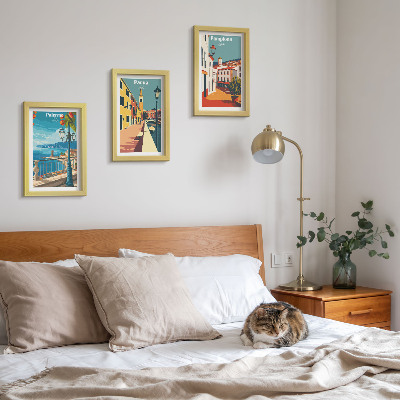 Triptych v ráme Populárne mestá v retro ilustračnom štýle