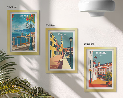 Triptych v ráme Populárne mestá v retro ilustračnom štýle