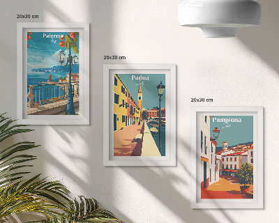 Triptych v ráme Populárne mestá v retro ilustračnom štýle