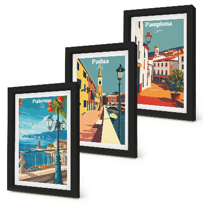 Triptych v ráme Populárne mestá v retro ilustračnom štýle