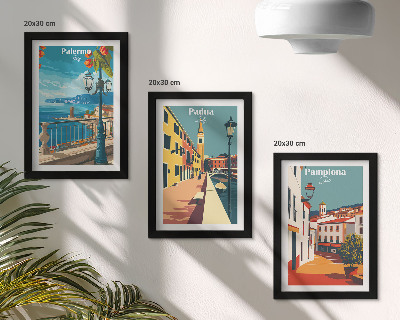 Triptych v ráme Populárne mestá v retro ilustračnom štýle