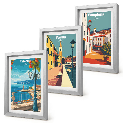 Triptych v ráme Populárne mestá v retro ilustračnom štýle