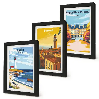 Výhľady na známe miesta pri mori a v mestách triptych v ráme