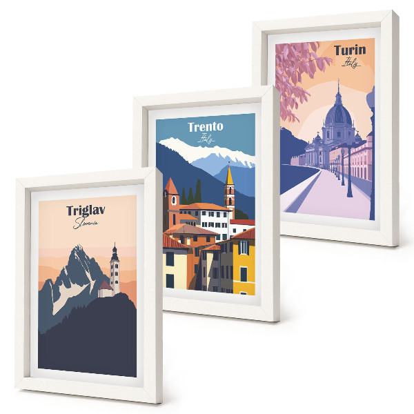 Sada obrazov do obývačky Hory a farebné ilustrácie retro architektúry