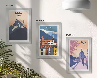 Sada obrazov do obývačky s horami a farebnými ilustráciami retro architektúry