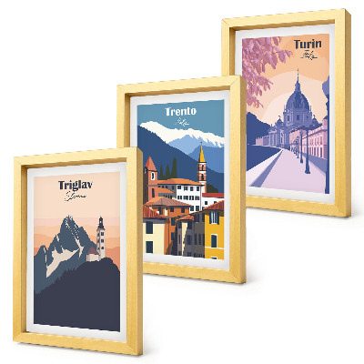 Sada obrazov do obývačky Hory a farebné ilustrácie retro architektúry