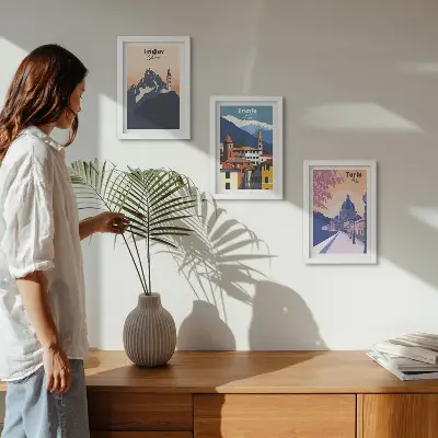 Sada obrazov do obývačky s horami a farebnými ilustráciami retro architektúry
