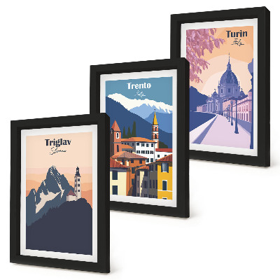Sada obrazov do obývačky Hory a farebné ilustrácie retro architektúry