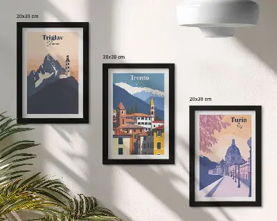 Sada obrazov do obývačky s horami a farebnými ilustráciami retro architektúry