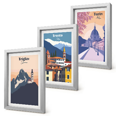 Sada obrazov do obývačky Hory a farebné ilustrácie retro architektúry