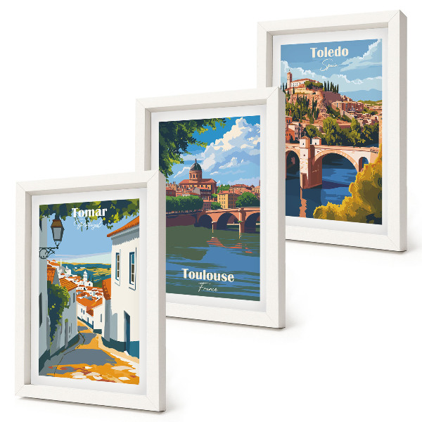 Triptych v ráme Grafika slávnych miest v retro štýle