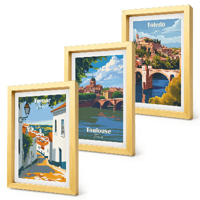 Triptych v ráme Grafika slávnych miest v retro štýle