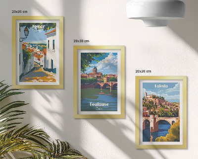 Triptych v ráme Grafika slávnych miest v retro štýle