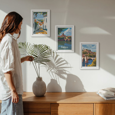 Triptych v ráme Grafika slávnych miest v retro štýle