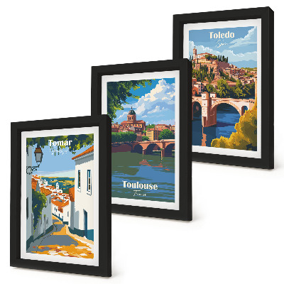 Triptych v ráme Grafika slávnych miest v retro štýle