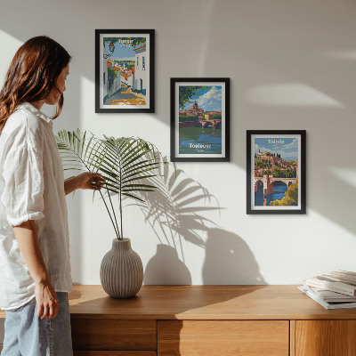 Triptych v ráme Grafika slávnych miest v retro štýle