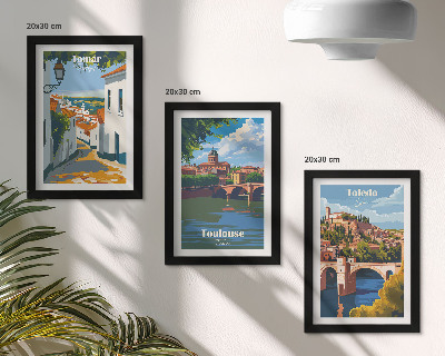 Triptych v ráme Grafika slávnych miest v retro štýle