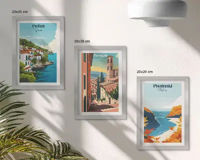 Malebné krajiny v retro štýle triptych v ráme