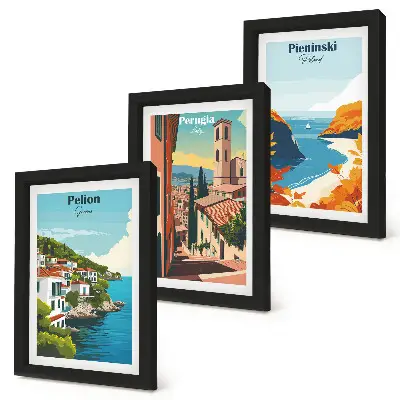 Malebné krajiny v retro štýle triptych v ráme