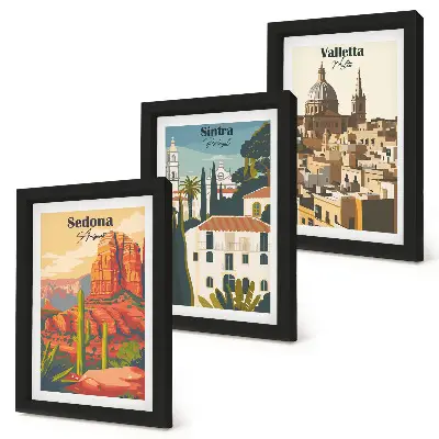 Retro mestské scenérie Sedony, Sintry a Valletty triptych v ráme