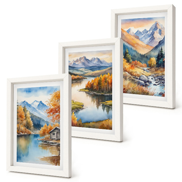 Triptych v ráme Výhľad na hory s riekou a jesennými stromami
