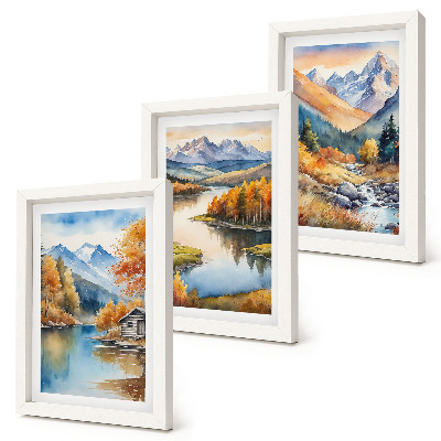 Triptych v ráme Výhľad na hory s riekou a jesennými stromami
