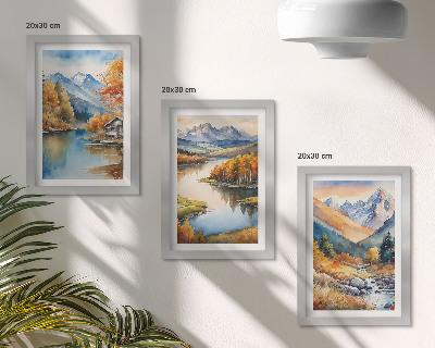 Triptych v ráme Výhľad na hory s riekou a jesennými stromami