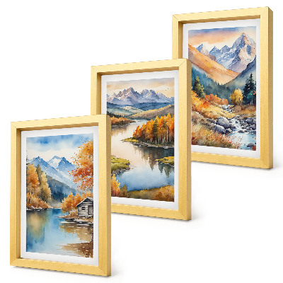 Triptych v ráme Výhľad na hory s riekou a jesennými stromami