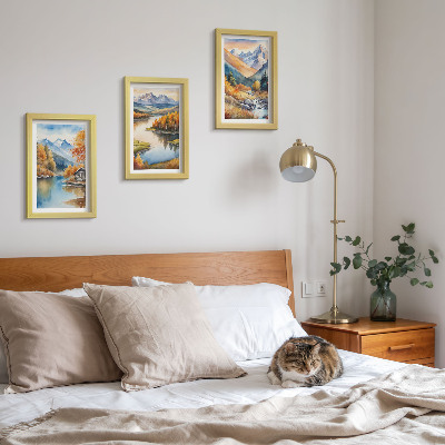 Triptych v ráme Výhľad na hory s riekou a jesennými stromami