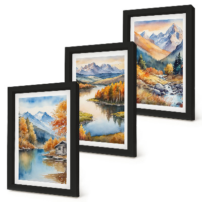 Triptych v ráme Výhľad na hory s riekou a jesennými stromami
