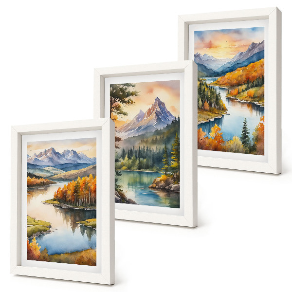 Triptych v ráme Horská krajina s riekou a farebnými stromami