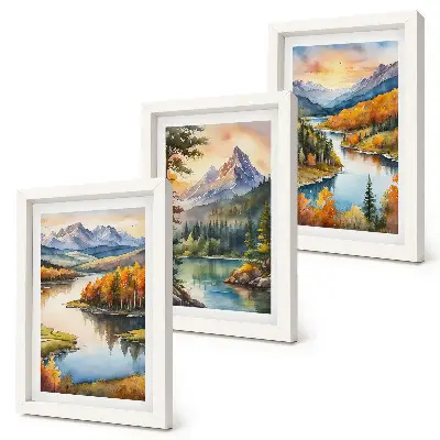 Horská krajina s riekou a farebnými stromami triptych v ráme