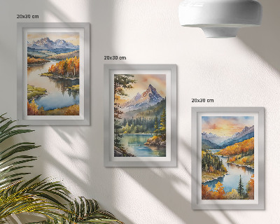 Triptych v ráme Horská krajina s riekou a farebnými stromami