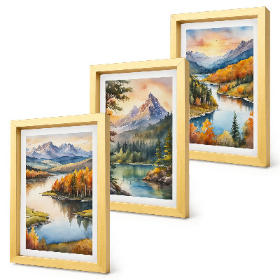 Triptych v ráme Horská krajina s riekou a farebnými stromami