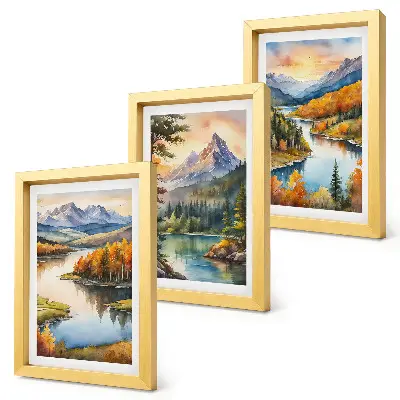 Horská krajina s riekou a farebnými stromami triptych v ráme