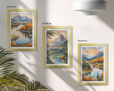Triptych v ráme Horská krajina s riekou a farebnými stromami