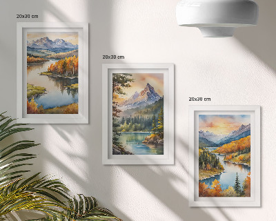 Triptych v ráme Horská krajina s riekou a farebnými stromami