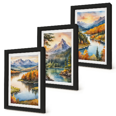 Triptych v ráme Horská krajina s riekou a farebnými stromami