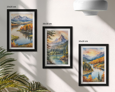 Triptych v ráme Horská krajina s riekou a farebnými stromami