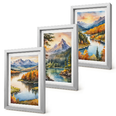 Triptych v ráme Horská krajina s riekou a farebnými stromami