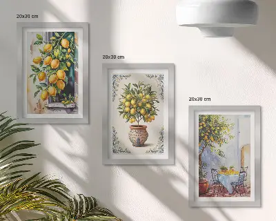 Citrónovníky a ovocie na slnečnom mieste triptych v ráme