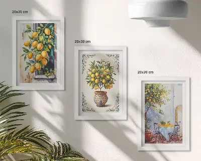 Citrónovníky a ovocie na slnečnom mieste triptych v ráme