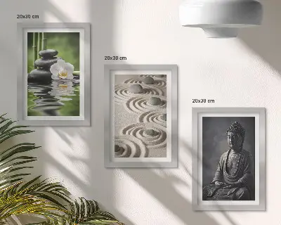 Sada obrazov do obývačky relaxačný výhľad na Budhu s kameňmi na pláži a bambusom