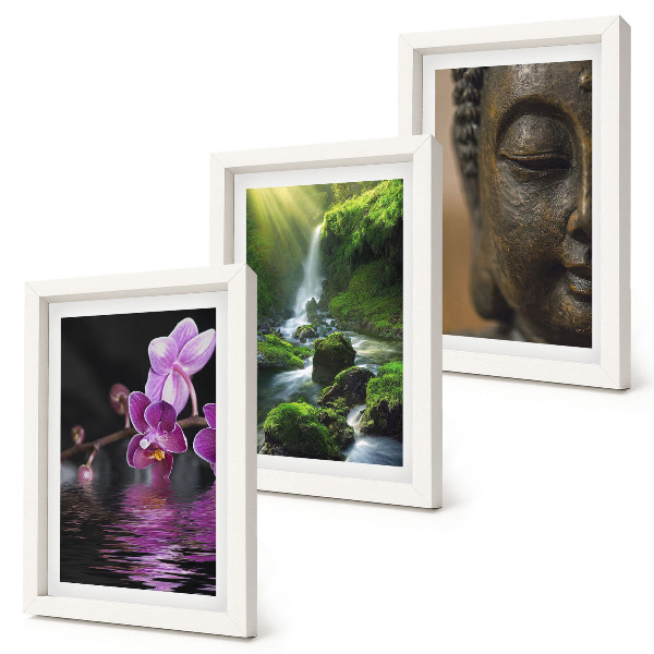 Triptych v ráme Kvety vo vodopáde so zelenými skalami Budha
