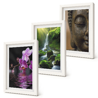 Triptych v ráme Kvety vo vodopáde so zelenými skalami Budha