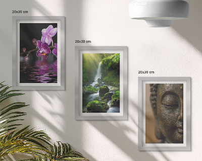Triptych v ráme Kvety vo vodopáde so zelenými skalami Budha