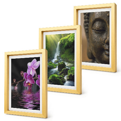 Triptych v ráme Kvety vo vodopáde so zelenými skalami Budha