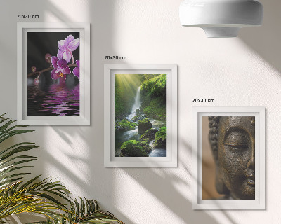 Triptych v ráme Kvety vo vodopáde so zelenými skalami Budha