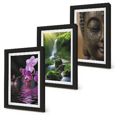 Triptych v ráme Kvety vo vodopáde so zelenými skalami Budha